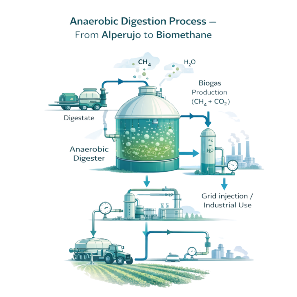 Anaerobic digestion process diagram showing conversion of alperujo into biogas, biomethane and agricultural digestate.